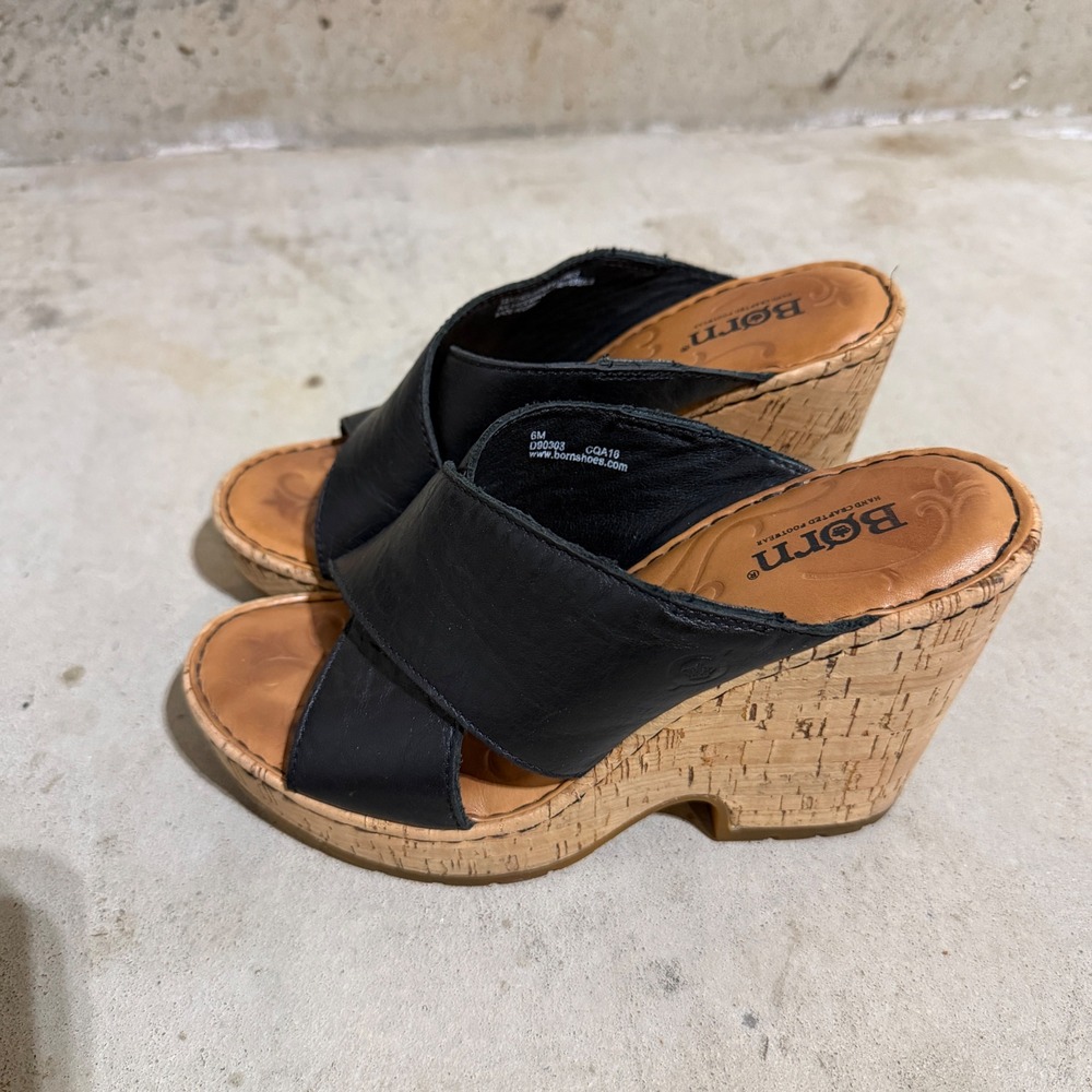 Born Black Leather Criss Cross Cork Wedge Slide Sandals Women's Size 6 M